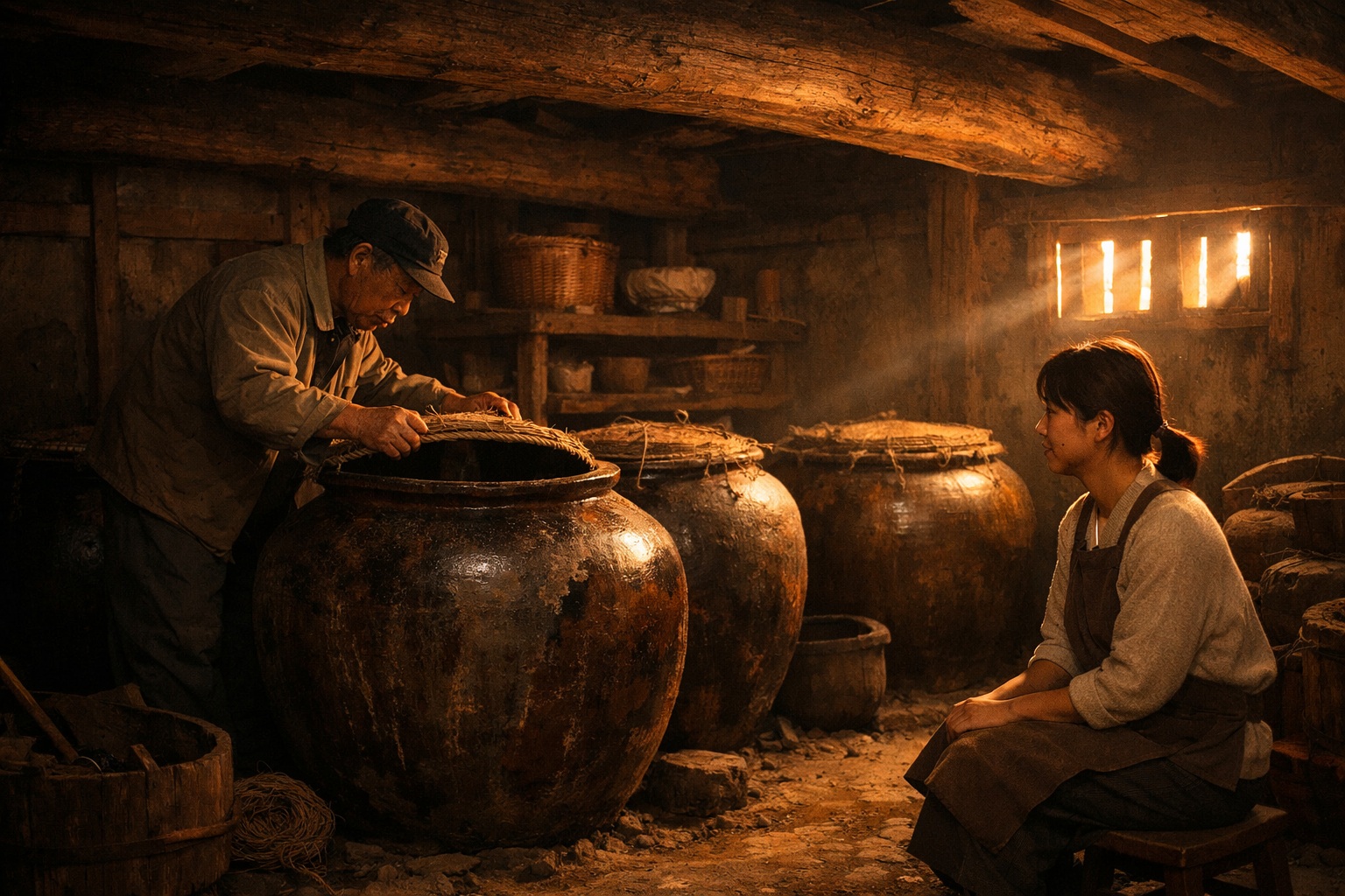 陶製かめで発酵熟成