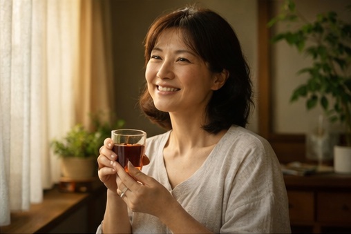 温かな朝の光の中でお茶を楽しむ女性