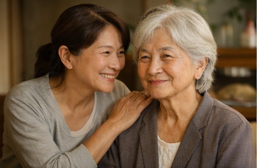 娘が母の手を握って寄り添う